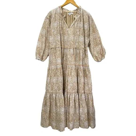 Chico's Eyelet Ruffle Neck Tiered Midi Dress Neutral - Picture 2 of 12